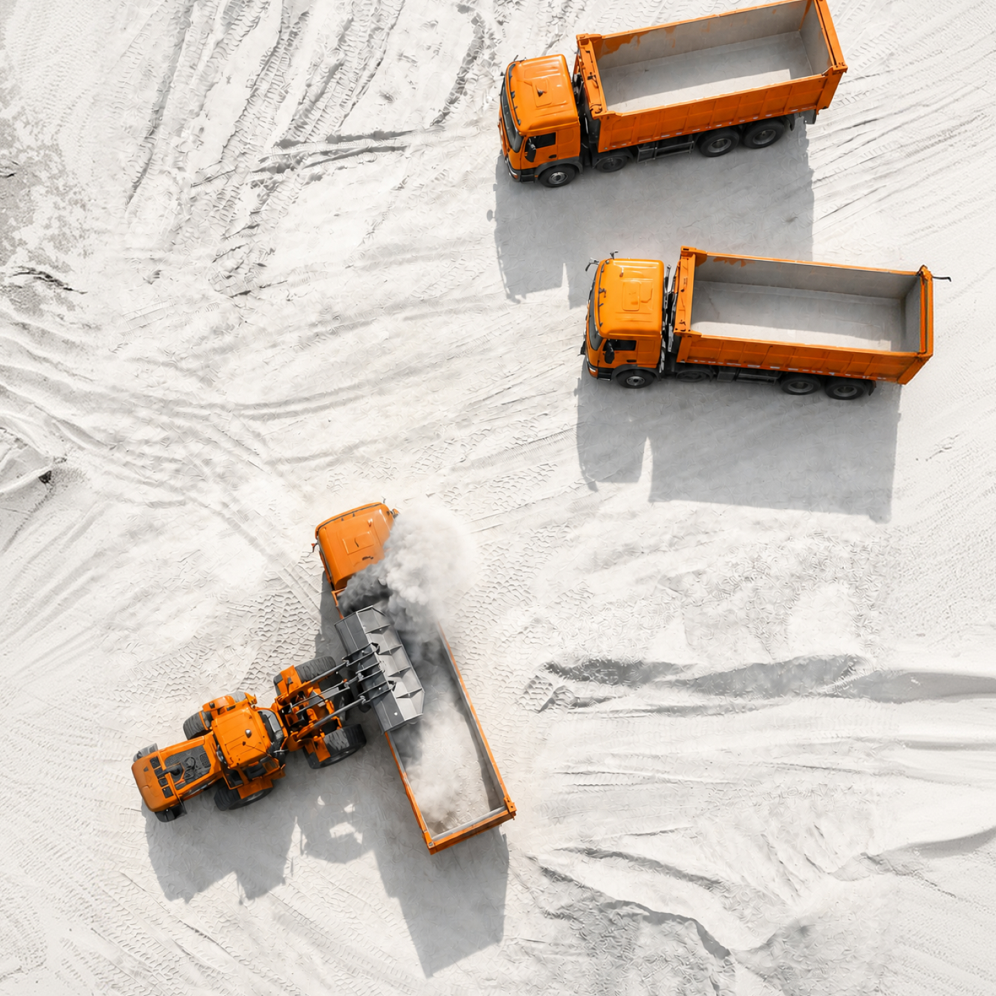 Loader filling Saturn trucks, aerial
